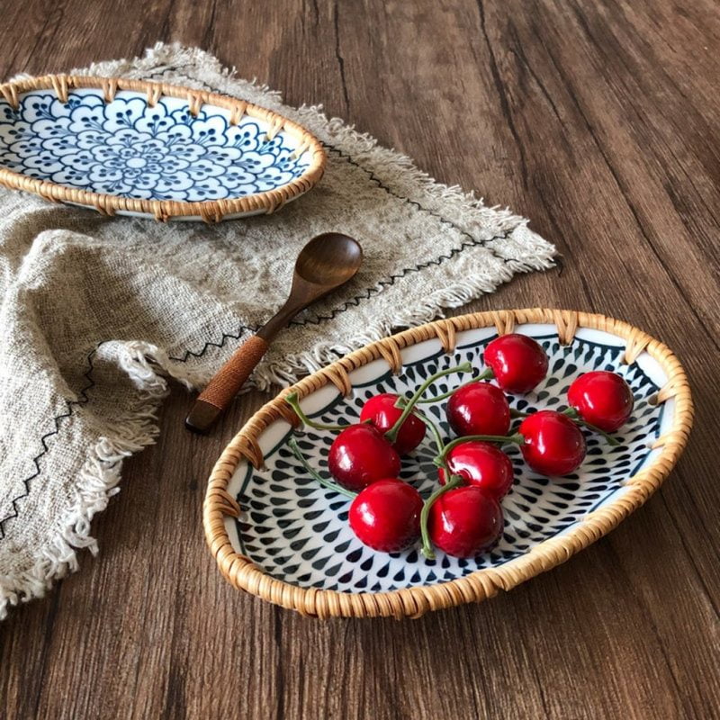 Premium Ceramic Plate with Handwoven Rattan Border