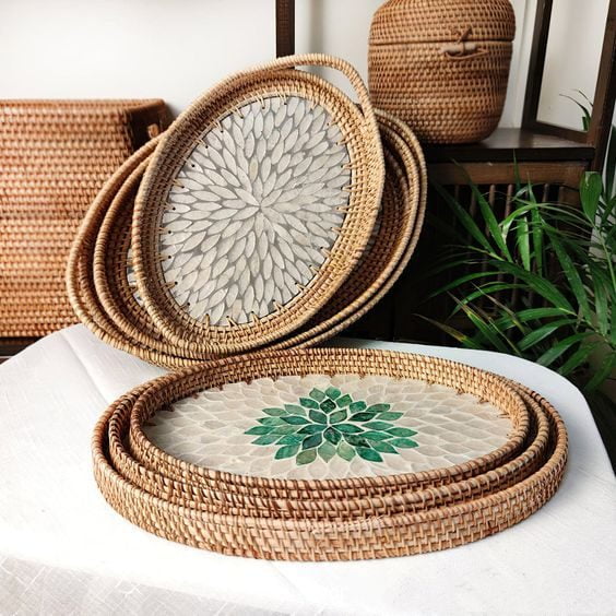 Premium Oval Rattan Tray with Mother of Pearl Inlay