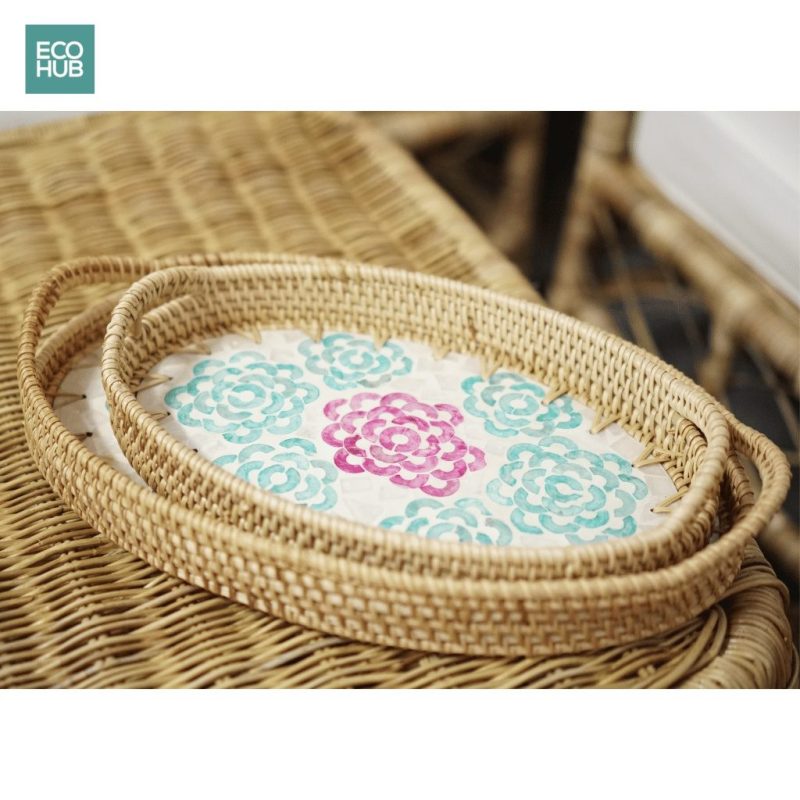 Premium Oval Rattan Tray with Mother of Pearl Inlay - Image 2