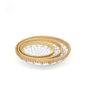 Premium Round Ceramic Tray with Handwoven Rattan Border