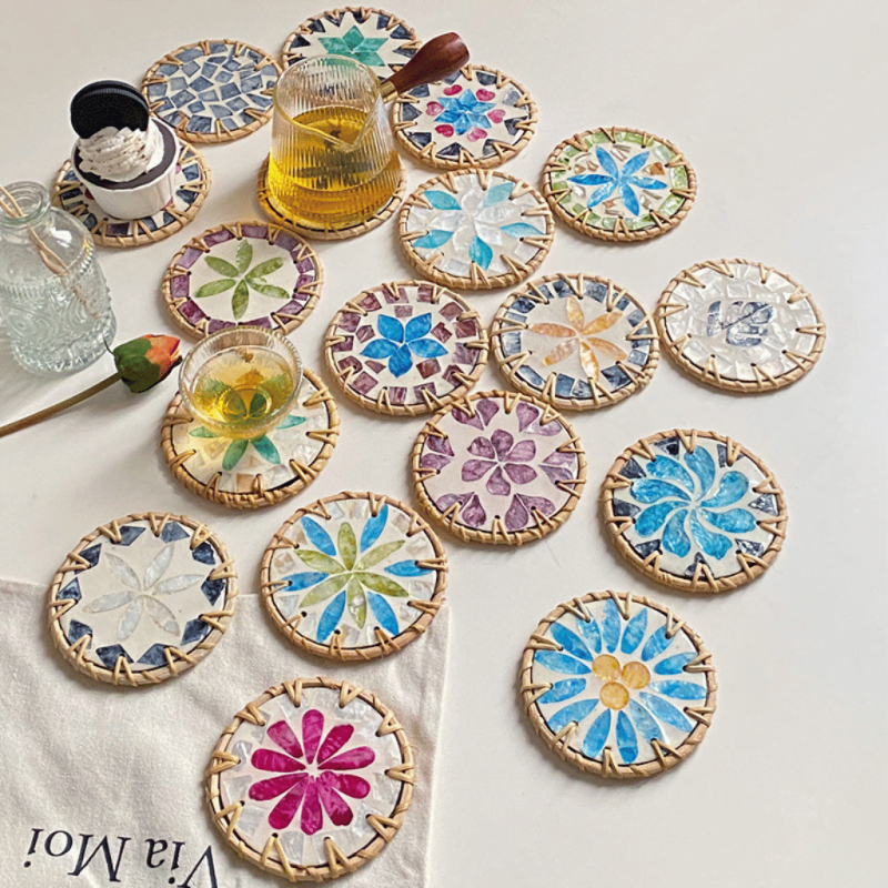 Premium Mother of Pearl Inlaid Rattan Coaster - Image 2